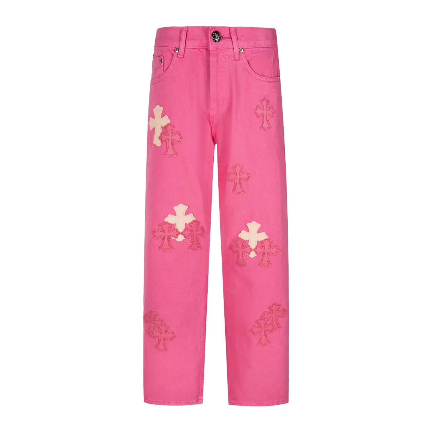 P250 CHROME HEARTS 25ss dopamine light pink cross-over leather washed jeans - Full of exploring the ultimate in fashion, Chrome Hearts' new Chrome Hearts pants not only present a unique style, the fresh ice blue color looks particularly youthful and energetic. The mid-high waist design is paired with a lazy and casual style, which not only shows long legs but also maintains a casual feel. It is a must-have fashion choice for trendy men and trendy women. Style number: 1778# Color: Dopamine powder Size: 28 30 32 34